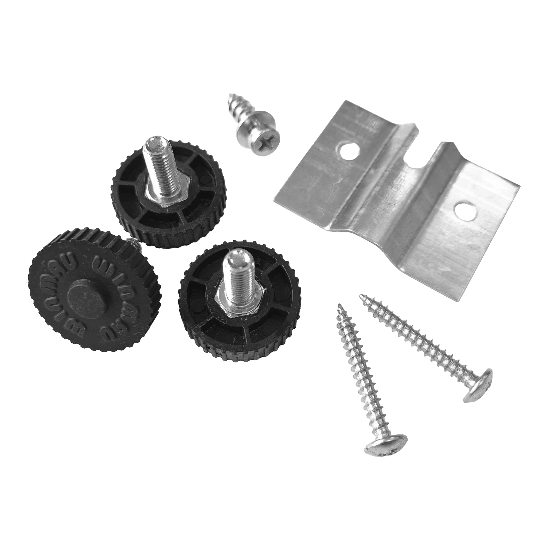 Das Bild zeigt den Winmau Rota-Lock Blade 6 Wandhalterungssatz mit Schrauben, Metallhalterung und schwarzen Befestigungsrädern. Dieses Set wird zur sicheren Wandbefestigung eines Dartboards verwendet.